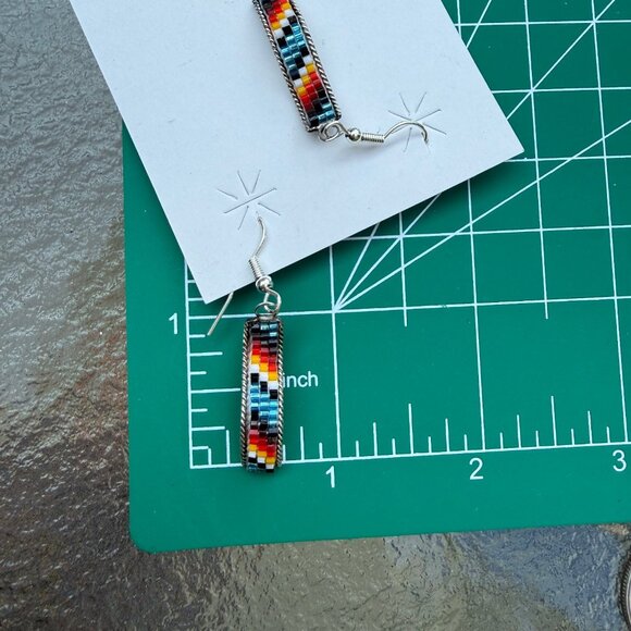 Navajo Lucille Romone Handmade Beaded Dangle Sterling Silver Earrings Multicolor - Picture 6 of 7